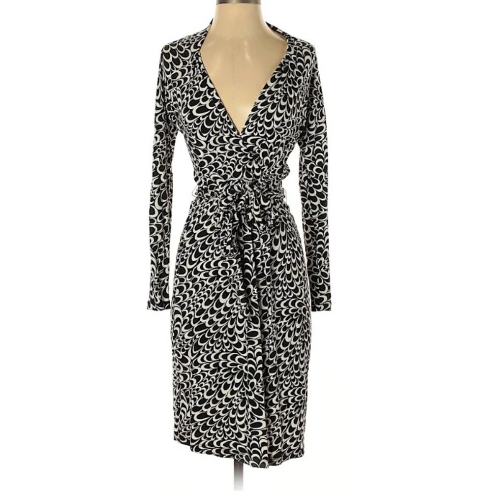LK Bennett V-Neck Tie Waist Long Sleeve Geometric Print A-Line Dress Size 4